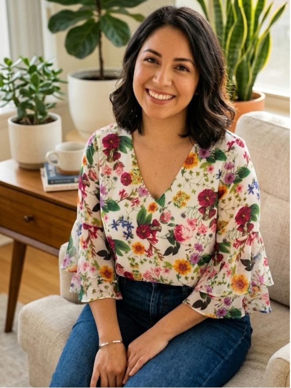 Calvin Klein White Floral V-Neck Flutter Sleeve Top